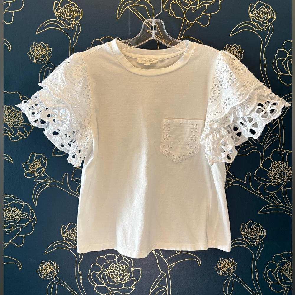ANTHROPOLOGIE brand Forever That Girl RUFFLE SLEEVE eyelet LACE pocket tee small